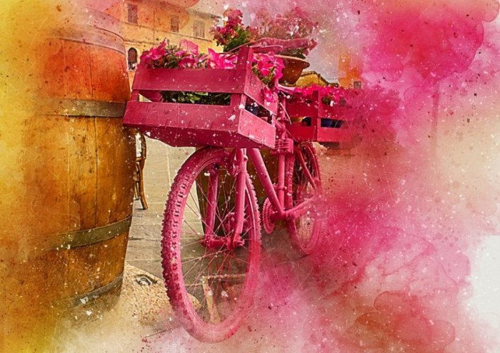 Bicycle Flowers Art Abstract Watercolor Vintage